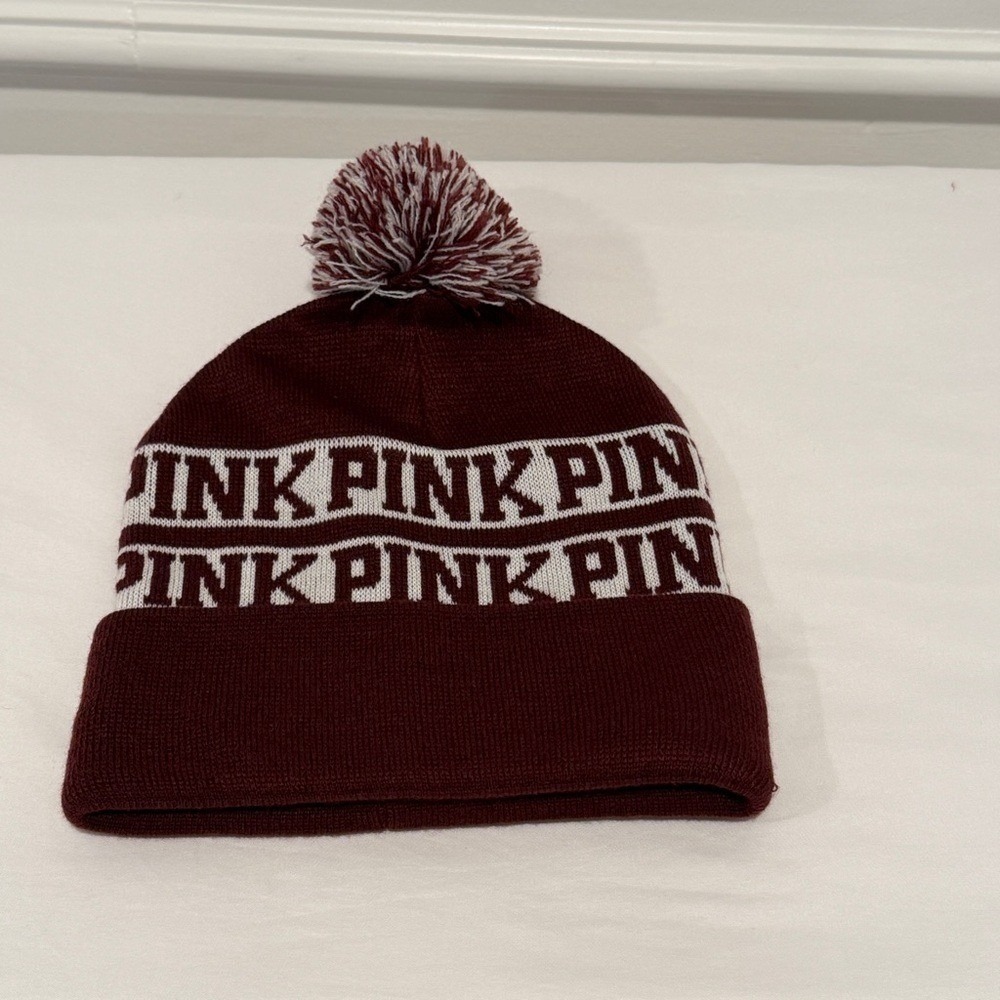 Victoria's Secret PINK Beanie Hat Burgundy Maroon White Logo Pom Pom Winter‎